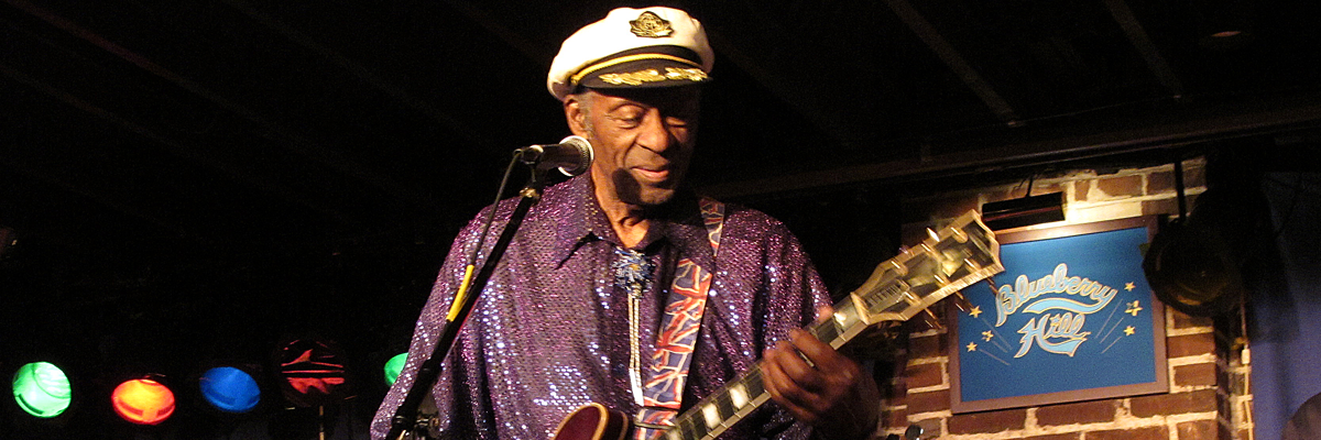 Chuck Berry playing guitar at Blueberry Hill on the Delmar Loop.