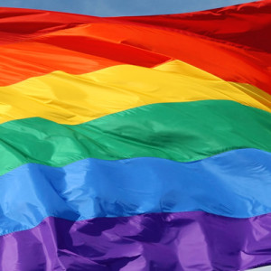 Gay pride flag waving in the wind.