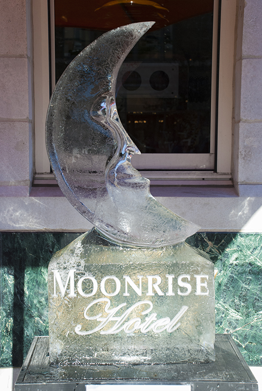 Ice sculpture of the Moonrise Hotel's logo