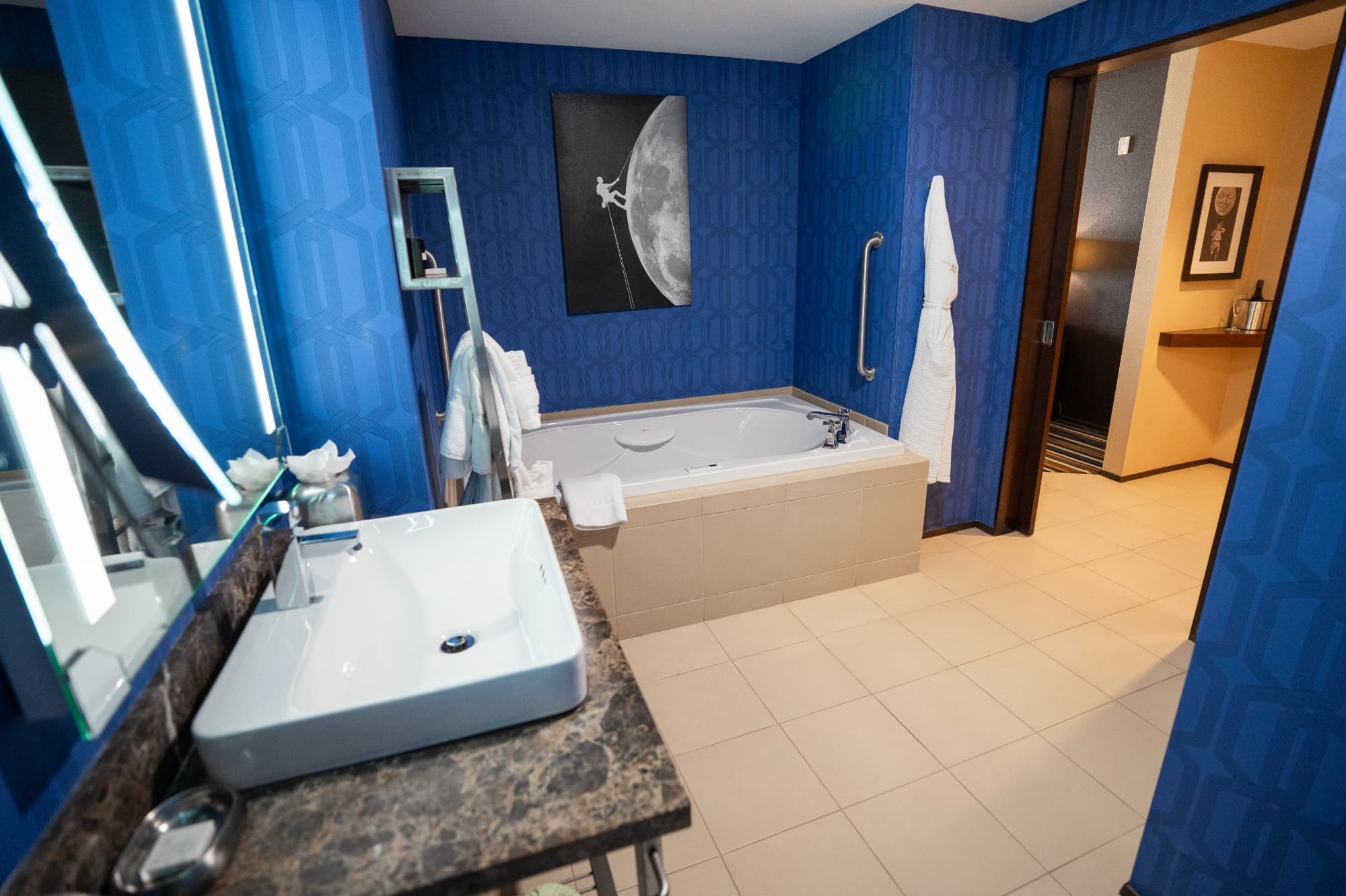 A luxurious jacuzzi tub bathroom at the Moonrise Hotel