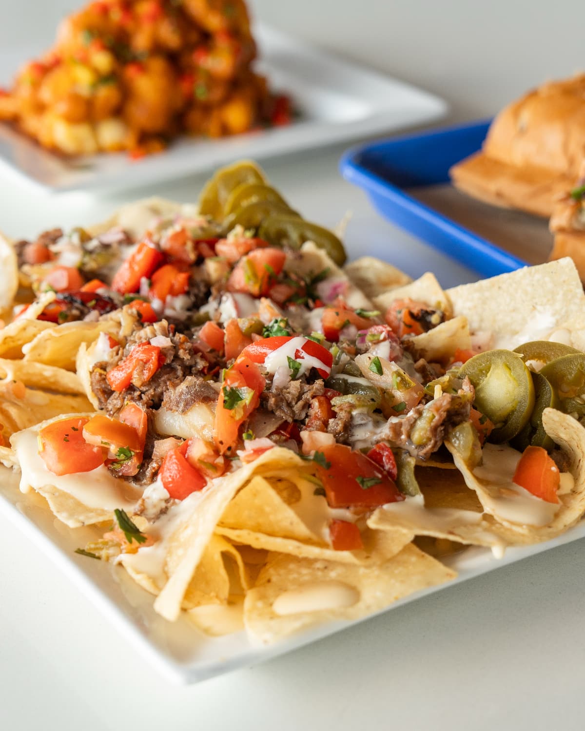 nachos A plate of loaded nachos
